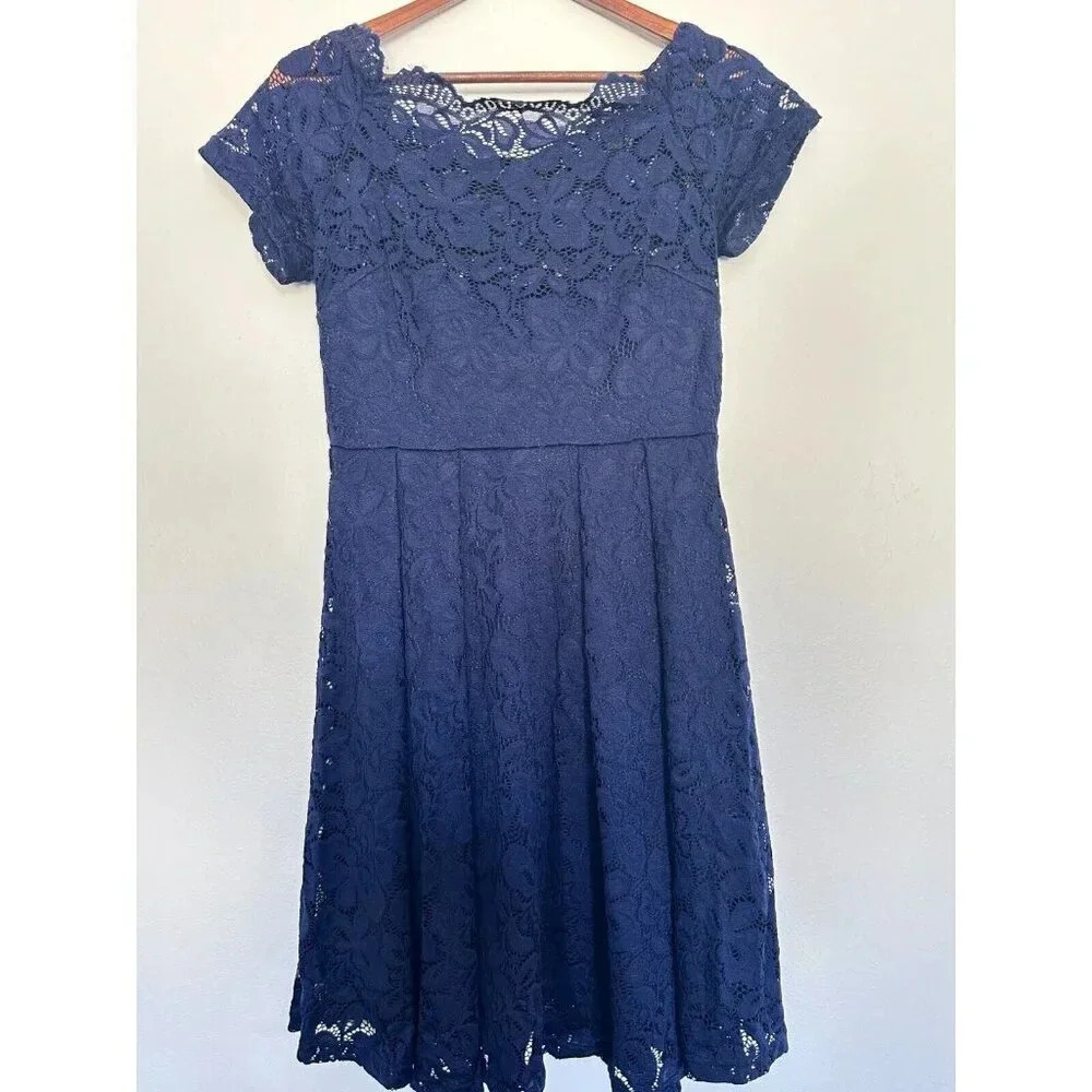 Miusol Navy Blue Lace Knee Length Cocktail Dress Cap Sleeve Size Medium